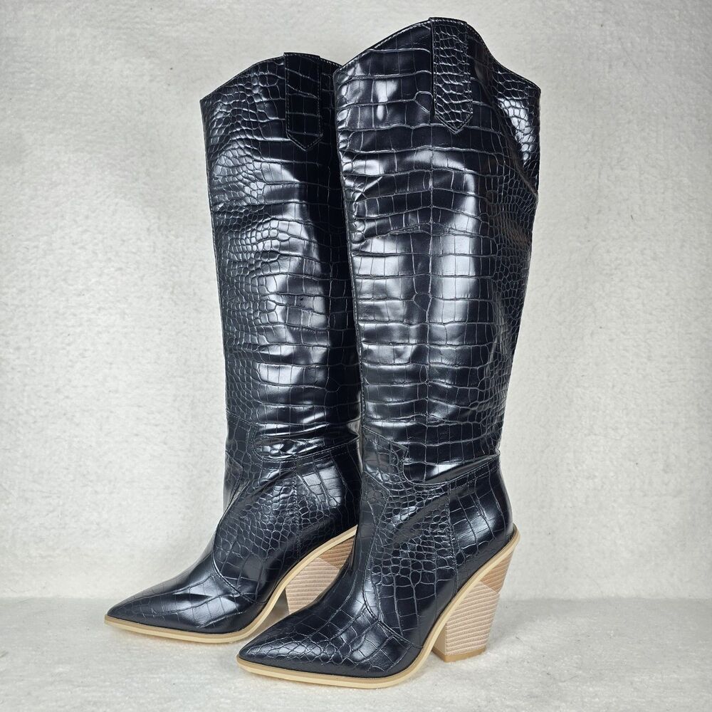 Casual Knee High Boots Western High Heels Cowboys Shoes Alligator Pattern 5.5 US